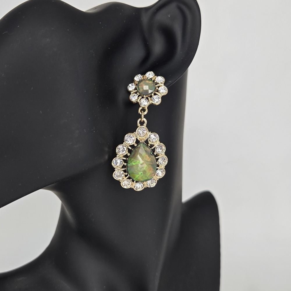 Vintage Gold Tone AB Iridescent Teardrop Earrings Crystal Halo Mid-Century Style
